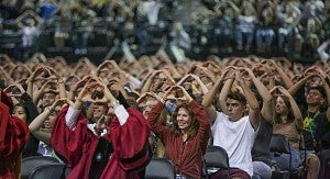 People throwing the O in Matt Knight Arena People throwing the O in Matt Knight Arena