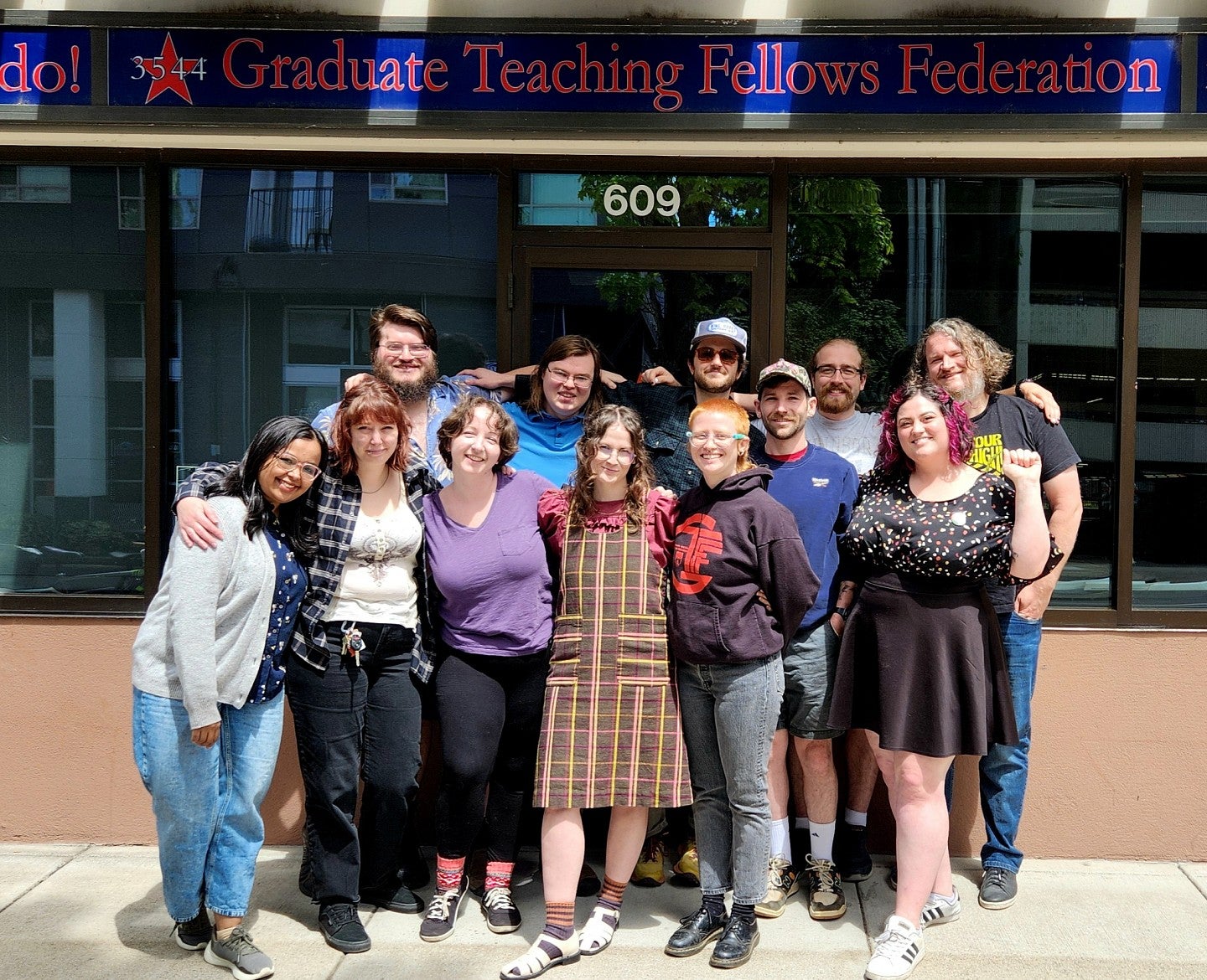 GTFF outgoing 2023-24 leaders and incoming 2024-25 leaders at our union office