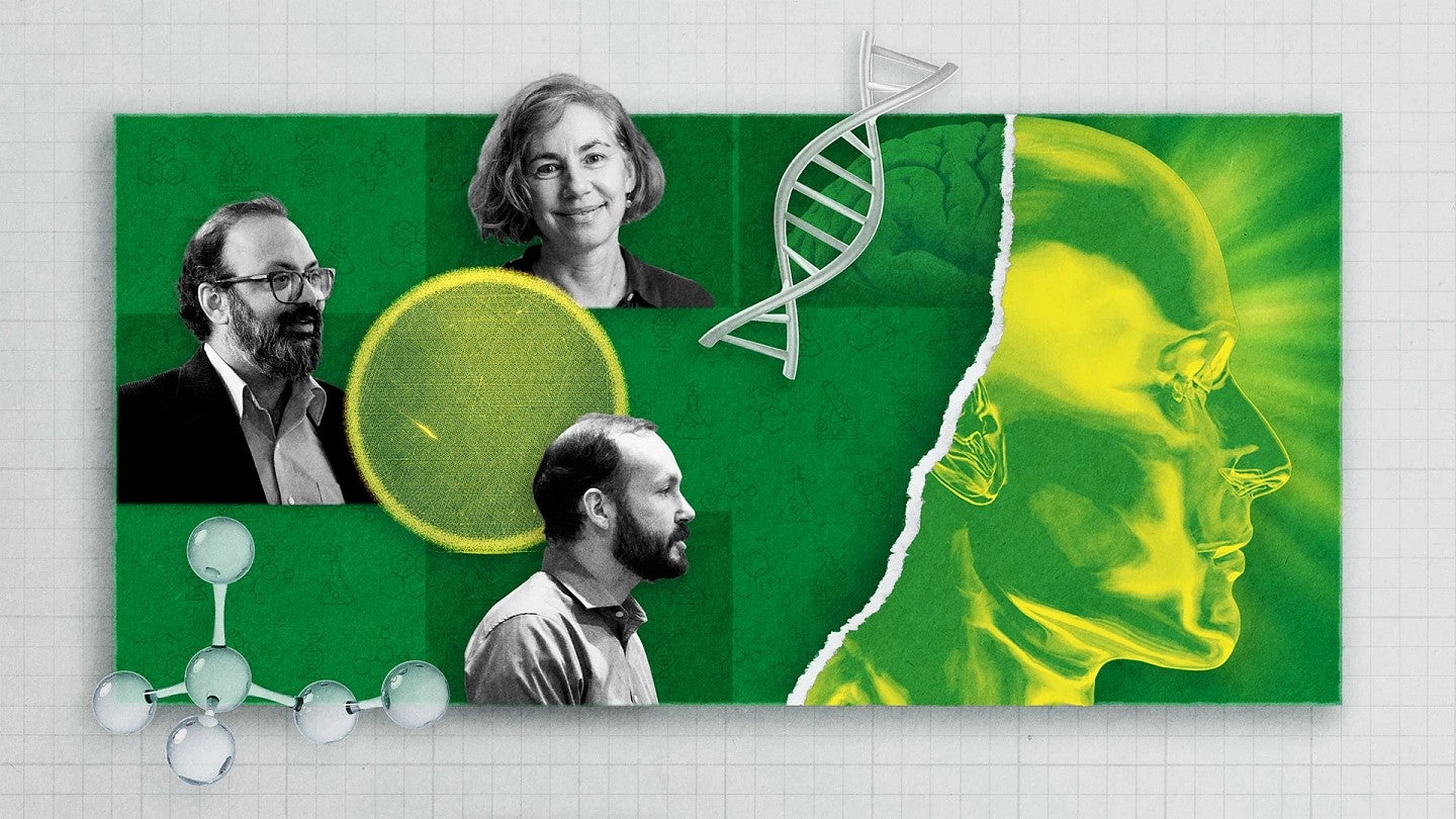 Illustration featuring three UO faculty on a green background.