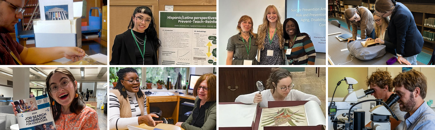 A grid of eight images that depict graduate students conducting and presending their research.