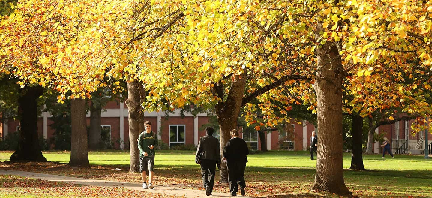 People walking through campus in the fall