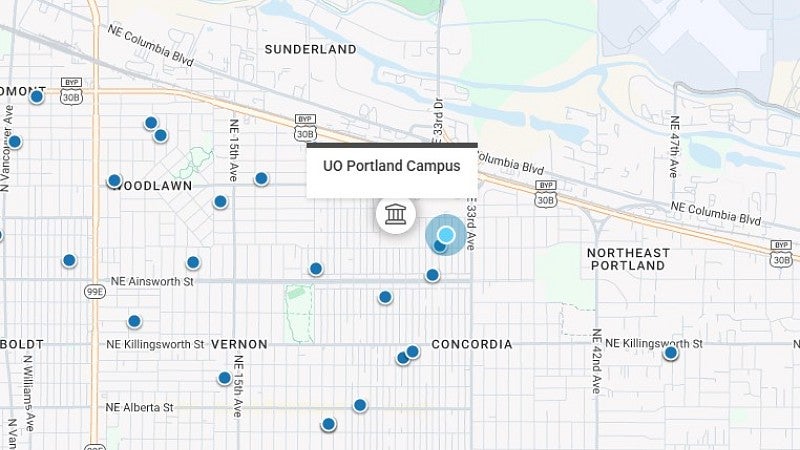 map view of area around portland uo campus