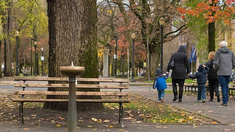 Family walking in the South Park Blocks, Portland