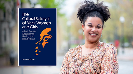 Jennifer M. Gómez smiling next to graphic of her book cover. Credit: Boston University School of Social Work