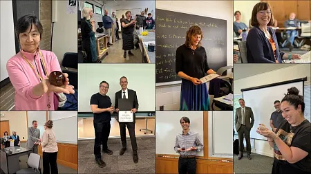Square tile pictures of faculty receiving teaching awards in their classrooms. 