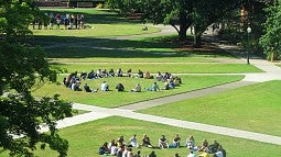 students in circles on lawn