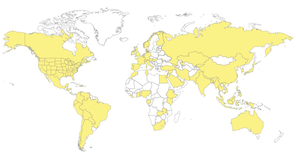Map of the world with the 76 countries, including the US, where UO grad students come from